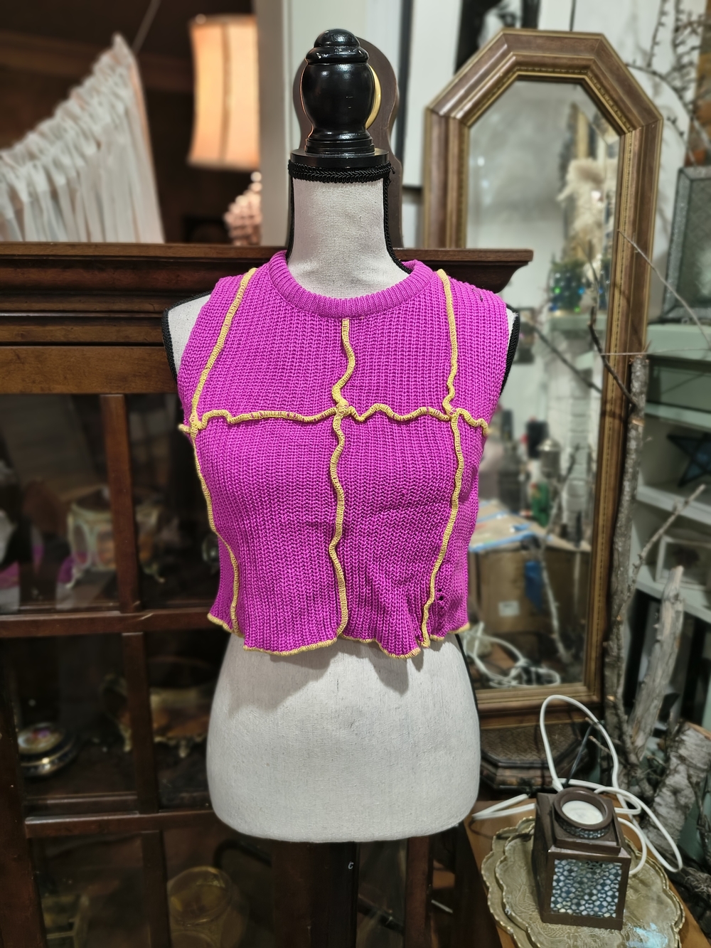 Sleeveless Pink Knit Crop Top with Yellow Trim